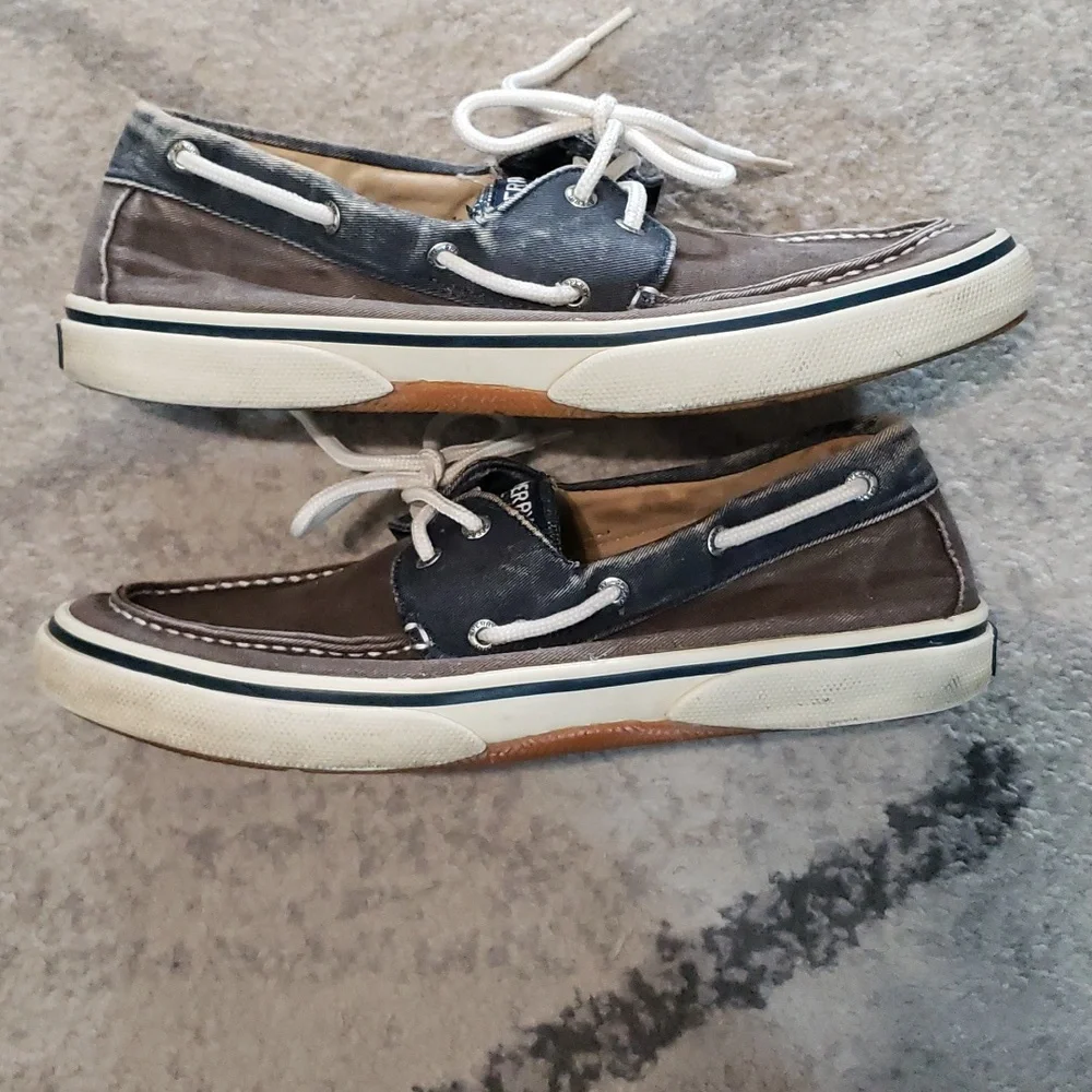 Sperry Top-Sider Men’s Blue and Dark Khaki Canvas Boat Shoes Lace Up Size 10.5M